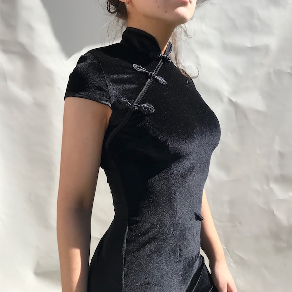 Black minimalist Cheongsam/Qipao velvet mini dress / velour / bodycon / oriental / slip / side slit /  high neck collar / 90s y2k style