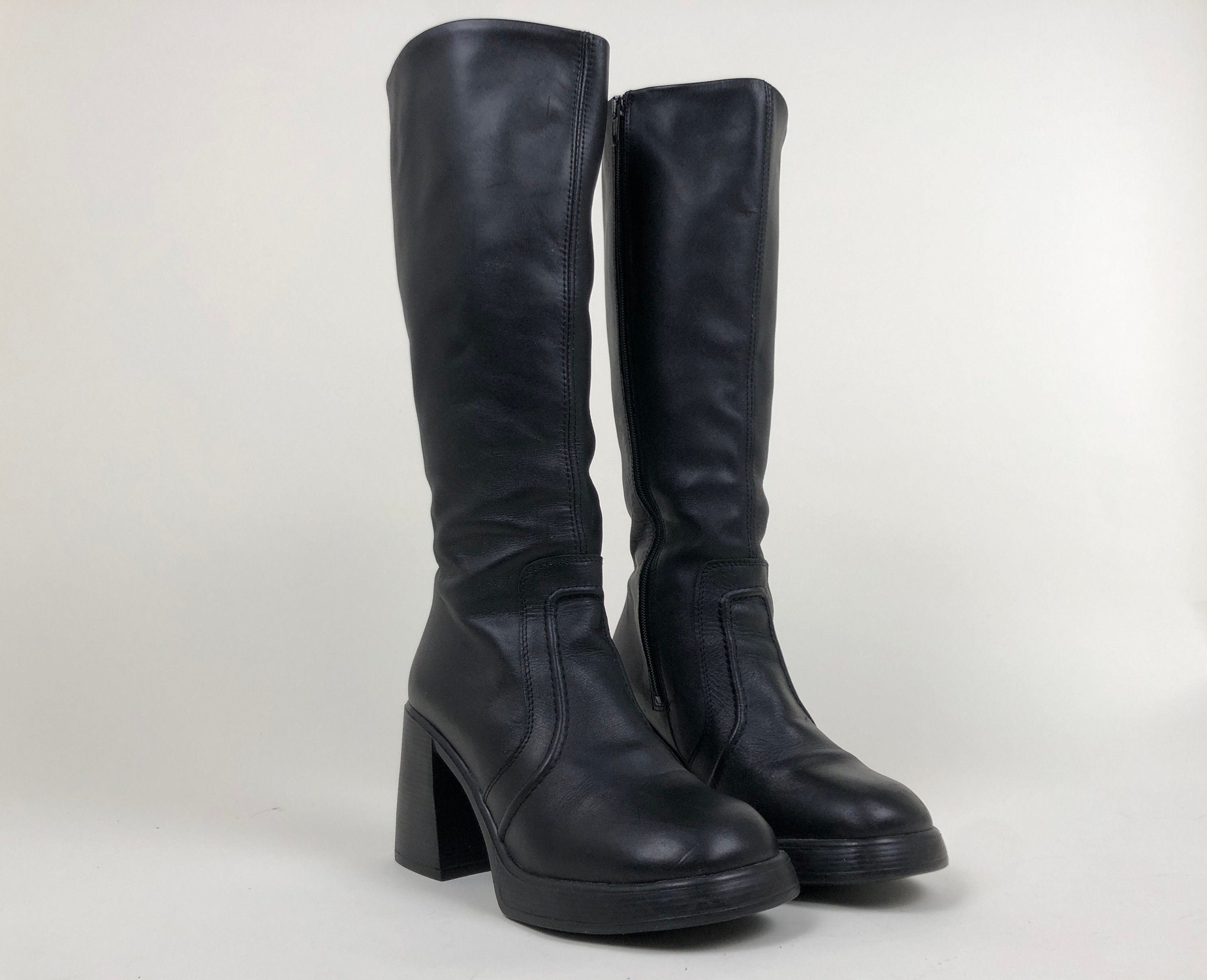 Vintage 90s ITALIAN black leather platform knee high boots / | Etsy