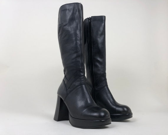 Vintage 90s Black Leather Platform Knee High Boots / Square | Etsy