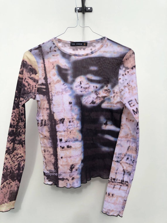 Vintage 90s Mesh Top / Long Sleeve / Newspaper Print / Y2K / Grunge / Sheer / Stretchy / Small / Tie Dye / Abstract / Y2K