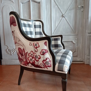 Handmade armchair in black and white vichy fabric, floral upholstered back