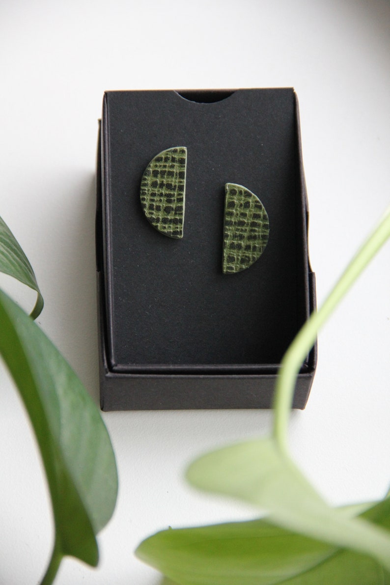 Textured Green Leather Minimal Stud Earrings with Sterling Silver Posts image 2