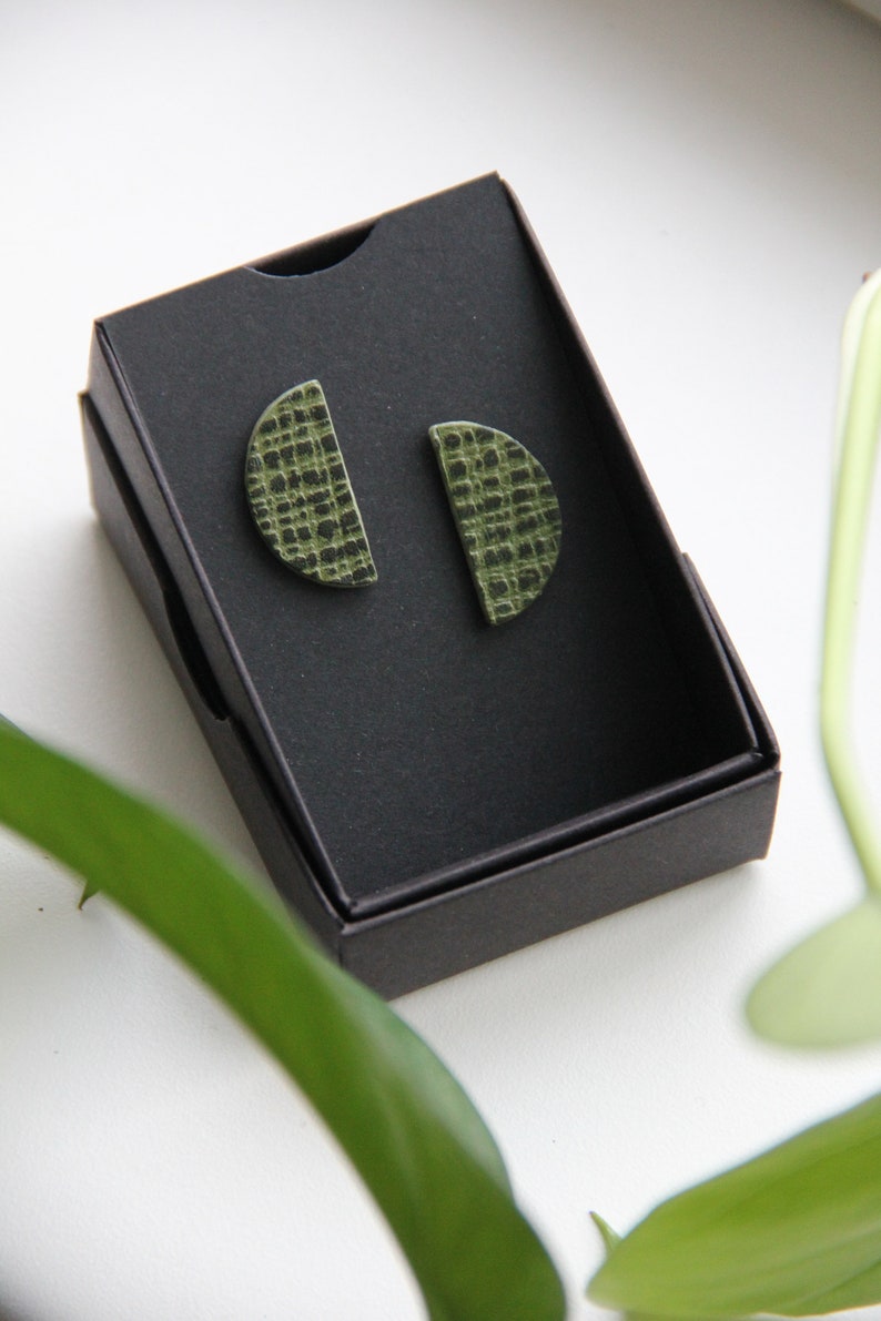 Textured Green Leather Minimal Stud Earrings with Sterling Silver Posts image 1