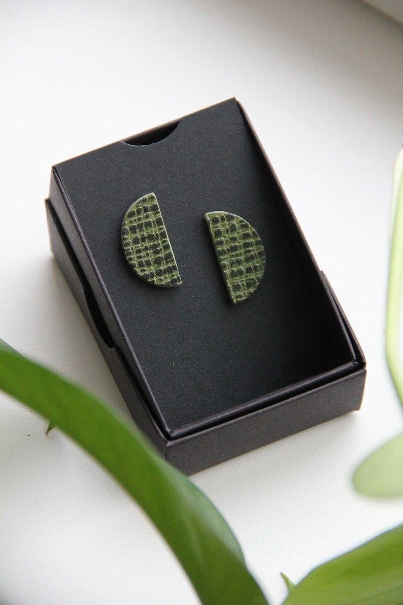 Textured Green Leather Minimal Stud Earrings with Sterling Silver Posts image 3