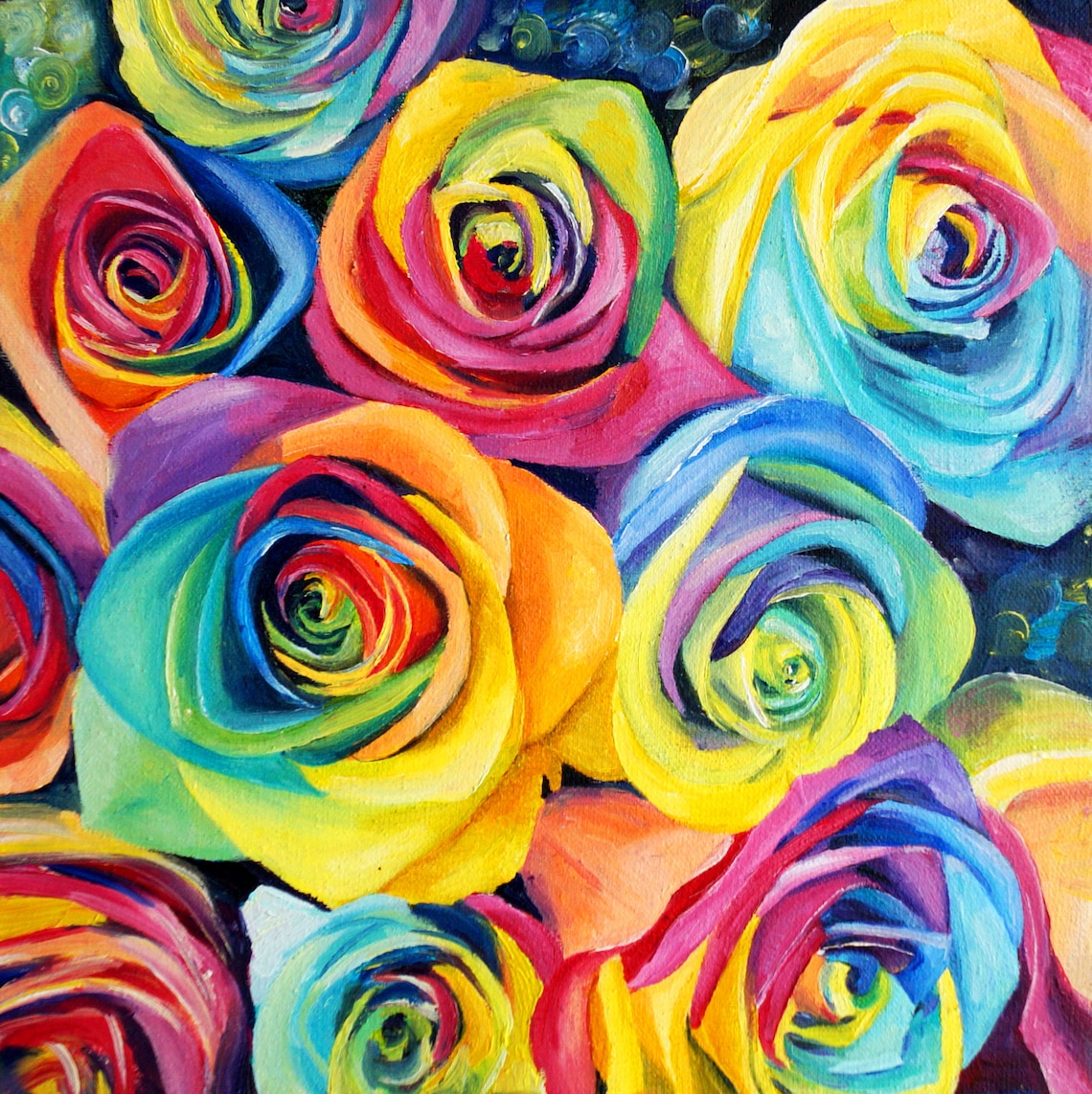 Rosen Malerei Blumen Original Kunst Regenbogen Rosen Kunstwerk | Etsy
