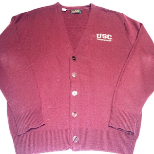VTG 90s USC Trojans So Cal SFKM Size L Burgundy Cardigan Sweater Knit Woven