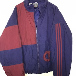 Vintage Adidas Size Large Color Block Puff Ski Winter Jacket Blue Burgundy Stripes