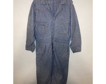 Vintage Sears Leisure Size 40R Coveralls Jumpsuit Blue White Striped Worn In