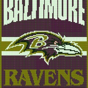 May include: A pixelated image of the Baltimore Ravens logo. The logo features a purple raven with a white beak and eyes, and a white stripe across its chest. The words "Baltimore Ravens" are written in white letters on a green background.