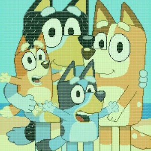 Peut inclure: Quatre chiens de dessin animé, deux bleus et deux bruns, se tiennent ensemble. Les chiens sourient et ont de grands yeux. Les chiens sont tous de tailles différentes et ont des fourrures de couleurs différentes.