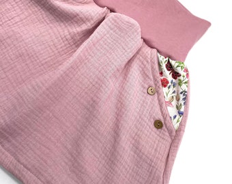 Muslin Skirt Roses Pink with Summer Meadow Butterfly Pockets Grows with Your Child