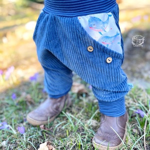 Organic WideCordNicky Blue/Striped Whale Family Bloomers Growing Pants