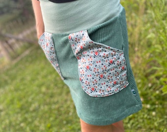 Bio Cord Rock, Damen Rock Mint mit Blumen Taschen