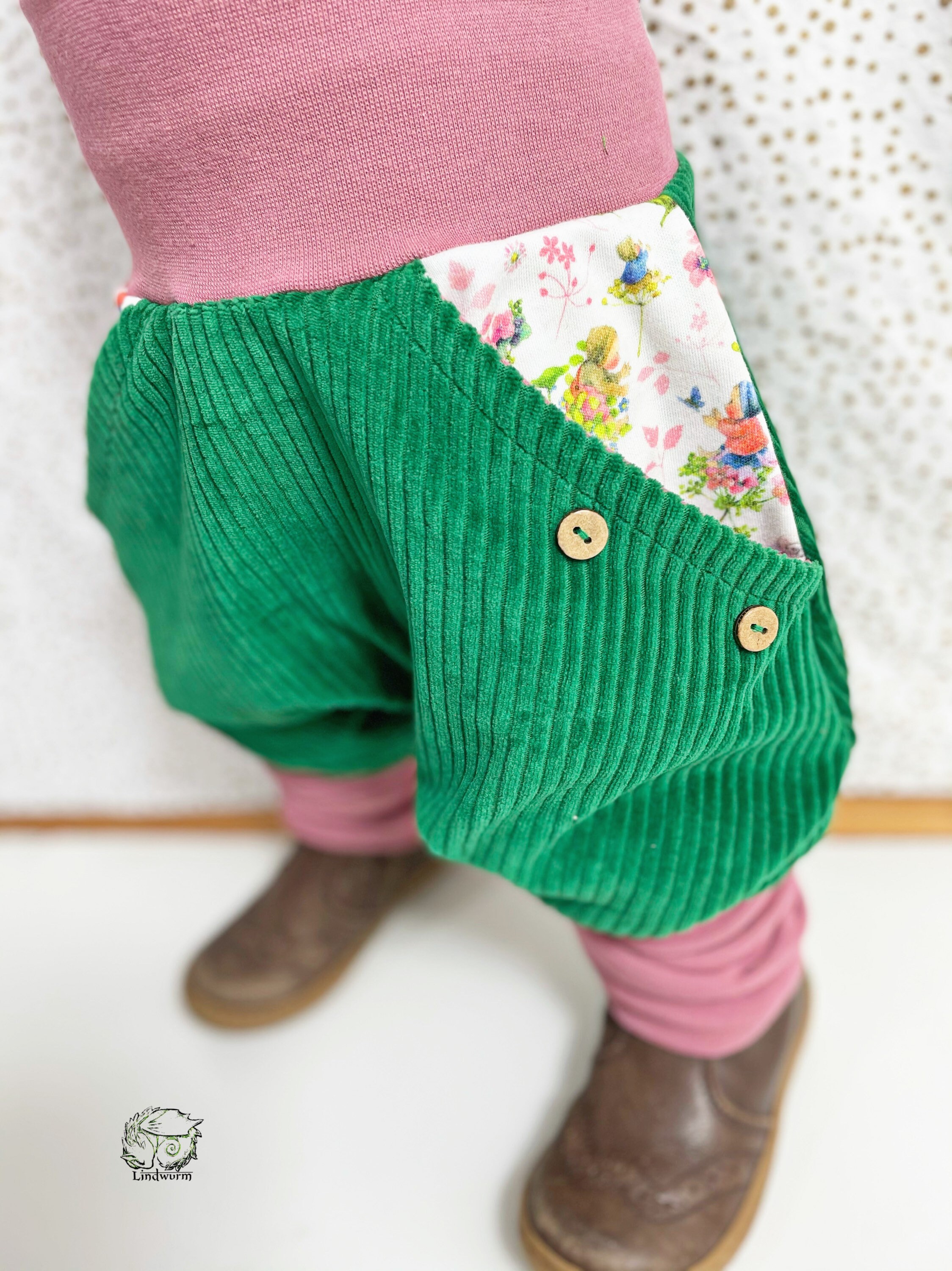 Organic Wide Cord Nicky Bottle Green/Old Pink Flower Baby Bloomers Growing Pants