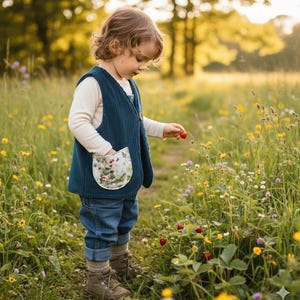 Könnte beinhalten: Ein Kind in einer tealfarbenen Cordweste mit einer floralen Tasche, blauen Jeans und braunen Stiefeln pflückt eine Erdbeere in einer Wildblumenwiese. Die Weste hat einen Knopfverschluss. Sanftes Sonnenlicht.