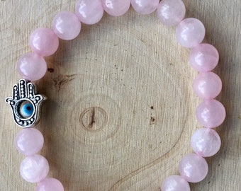 Rose Quartz Reiki Charged Hamsa Hand Stretch Bracelet