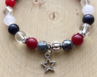 Patriotic Inspired Reiki Charged Semiprecious Stone Stretch Bracelet