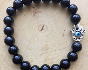 Black Tourmaline Reiki Charged Hamsa Hand Stretch Bracelet