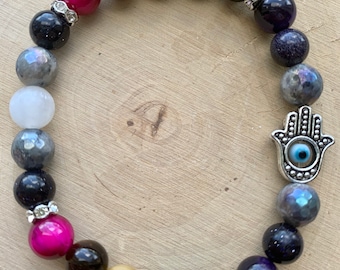 Over the Rainbow Hamsa Hand Semiprecious Stone Stretch Bracelet