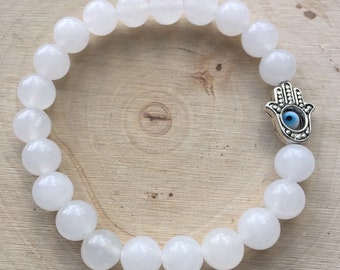 White Jade Reiki Charged Hamsa Hand Stretch Bracelet