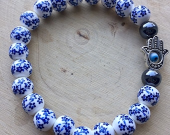 Floral Ceramic Bead and Semi-Precious Stone Hamsa Hand Bracelets