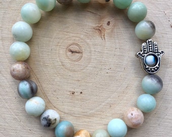 Amazonite Reiki Charged Hamsa Hand Stretch Bracelet