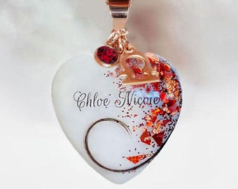 Breastmilk Jewelry Rose Gold Heart Necklace, Birth Color and Rose Gold Flakes, Baby Name, Hair keepsake pendant from KeepsakeMom