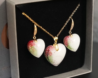 Breastmilk Jewelry Heart Set| Breast milk Rose Gold Heart earrings and necklace. Breastmilk heart set Birth Color Shimmer from KeepsakeMom