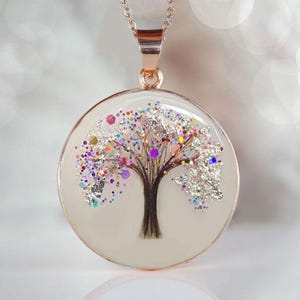 Haarherinneringssieraden "My Rainbow Tree of Life" schijfketting, hanger met babyhaar en geboortekleurvlokken. Aandenkenmoeder.