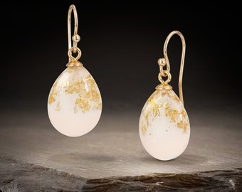 Breastmilk Jewelry Dangle Gold Earrings. 24K gold flakes, teardrop shaped earrings. 925 sterling silver gold plated hooks. KeepsakeMom