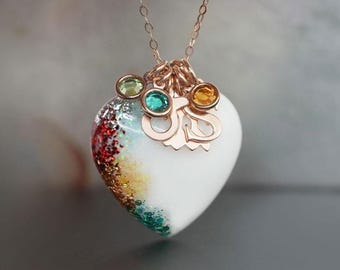 Breastmilk Jewelry Rose Gold Heart Necklace, Birth Color and Rose Gold Flakes, Baby Name, Hair keepsake pendant from KeepsakeMom