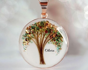 Crescent Shape Tree of Life with Gold/ Silver Flakes Jewelry | Jewelry Disc Necklace with Baby's Hair /Leaves | Tree of Life KeepsakeMom