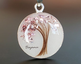 Hair Keepsake Jewelry &quot;Tree of Life&quot; Disc necklace, pendant with baby hair and birth color flakes. KeepsakeMom. Keepsake hair tree necklace