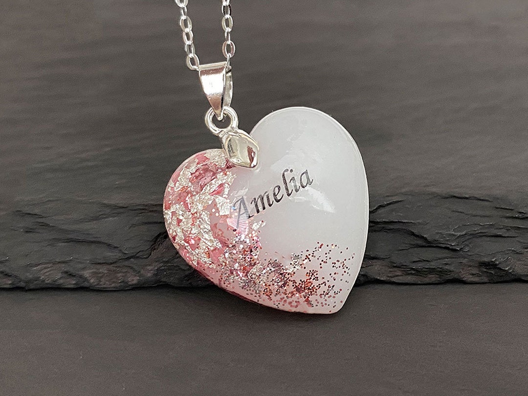 Breastmilk Jewelry Silver Pink Heart Necklace With Baby Name Etsy