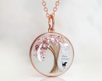 Joyería de recuerdo para perro, joyería conmemorativa de recuerdo "Árbol de la Vida". Collar con disco, colgante con pelo de perro y escamas de color de nacimiento. Recuerdo para mamá.