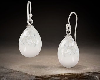 Breastmilk Jewelry Silver Drop Earrings. Real Sterling Silver flakes in teardrop shaped earrings. 925 sterling silver hooks.  KeepsakeMom