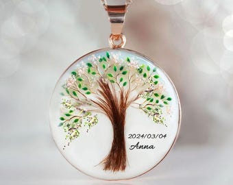 Name and Date Tree of Life Hair Necklace | Jewelry Disc Necklace with Brown Hair, Green Leaves and Real Gems| Name with Date | KeepsakeMom