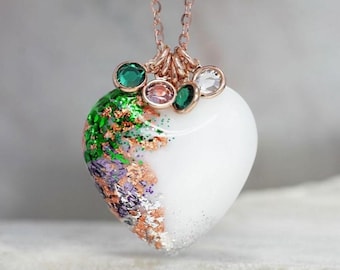 Breastmilk Jewelry Rose Gold Heart Necklace, Birth Color and Rose Gold Flakes, Baby Name, Hair keepsake pendant from KeepsakeMom