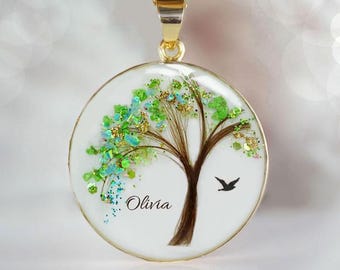 Hair/Gems Keepsake Jewelry "Tree of Life" Disc necklace, pendant with baby hair birth color flakes and gems. KeepsakeMom. Hair tree necklace