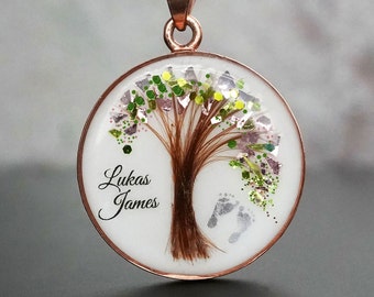 Haarsieraden "Levensboom" Disc ketting, hanger met babyhaar en geboortekleurvlokken. Aandenken mama. Aandenken haarboom ketting