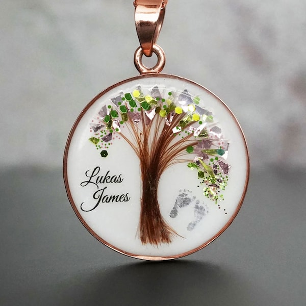 Hair Keepsake Jewelry "Tree of Life" Disc necklace, pendant with baby hair and birth color flakes. KeepsakeMom. Keepsake hair tree necklace