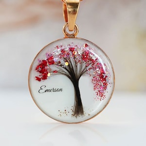 Hair Keepsake Jewelry "Tree of Life" Disc necklace, pendant with baby hair and birth color flakes. KeepsakeMom. Keepsake hair tree necklace