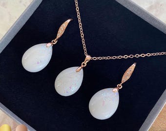 Breastmilk teardrop set with opal effect |  crystal hook earrings dangles and necklace set from KeepsakeMom