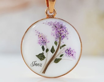 Hair/real Gems Keepsake Jewelry &quot;Lilacs Blue&quot; Disc necklace, pendant with baby hair and birth color flakes.  Keepsake hair branch necklace
