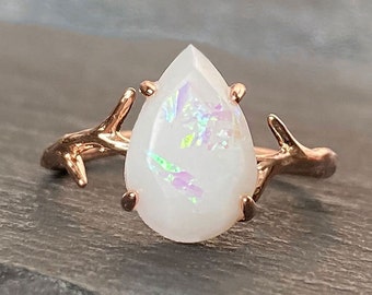 Handmade Rose Gold Plated Sterling Silver Breast milk Ring with Branch Shaped Band & Teardrop Faceted Stone with Opal Flakes | KeepsakeMom