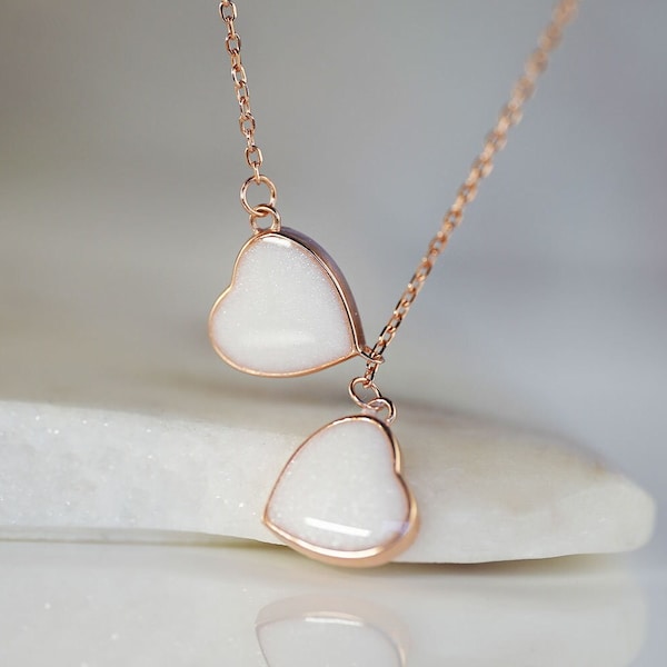 Breastmilk Jewelry two hearts necklace rose gold plated sterling silver chain from KeepsakeMom. Adjustable length