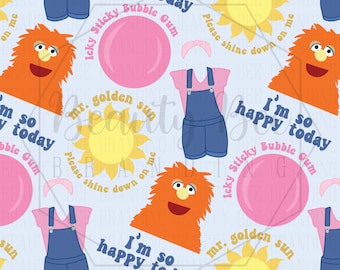 May include: A seamless pattern featuring a light blue background with a variety of colorful illustrations. The pattern includes a pink bubble gum, a yellow sun, a red-orange monster, a blue pair of overalls, and the text "I'm so happy today" in a retro font.
