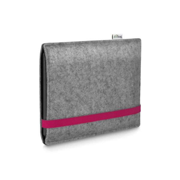 E-Reader Tasche aus Wollfilz // Farbe hellgrau - Gummiband pink // Passgenau angefertigte Hülle