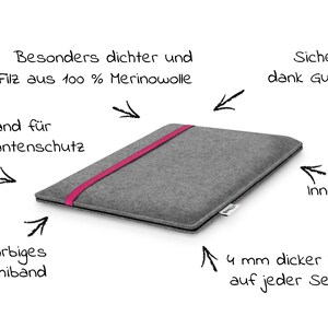 May include: A grey felt laptop sleeve featuring a bright pink elastic band. The sleeve is labeled with text indicating 100% merino wool, an 8 mm edge for protection, a felt lining, a colored elastic band, and 4 mm thick felt on each side.