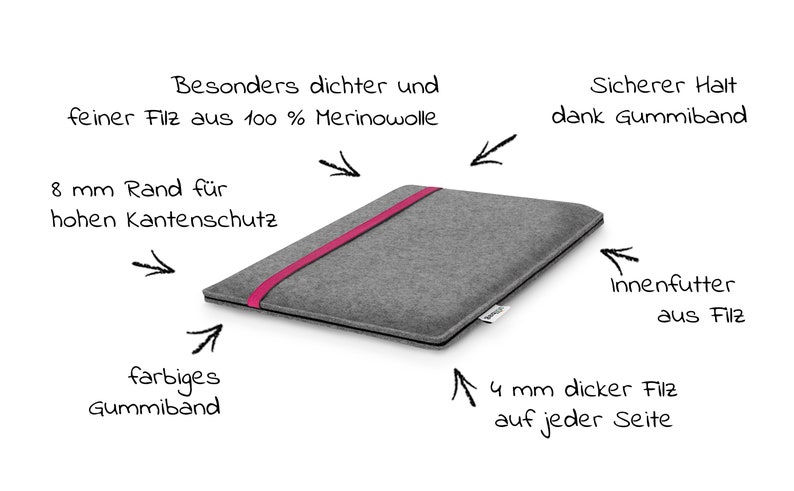 May include: A grey felt laptop sleeve featuring a bright pink elastic band. The sleeve is labeled with text indicating 100% merino wool, an 8 mm edge for protection, a felt lining, a colored elastic band, and 4 mm thick felt on each side.